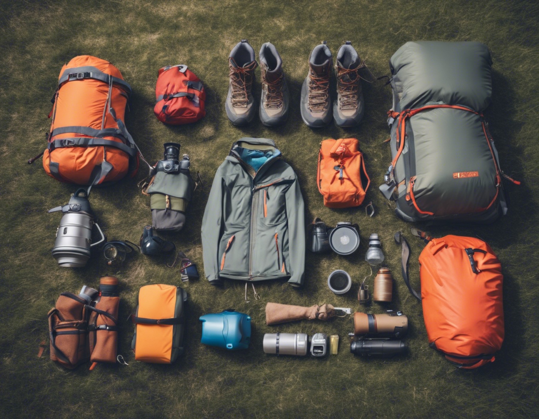 Camping and travel gear laid out on grass: rucksacks, dry bags, boots, a jacket, cookware and flasks